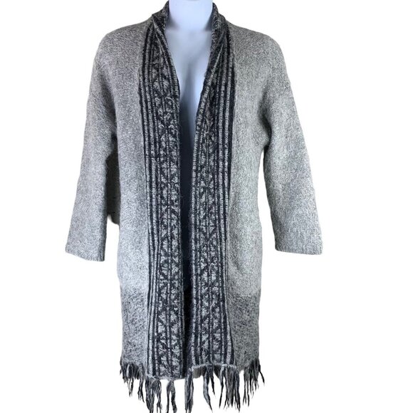 360 Sweater Size Medium Cardigan Alpaca Wool Blend Fringe Ends Gray Open Front